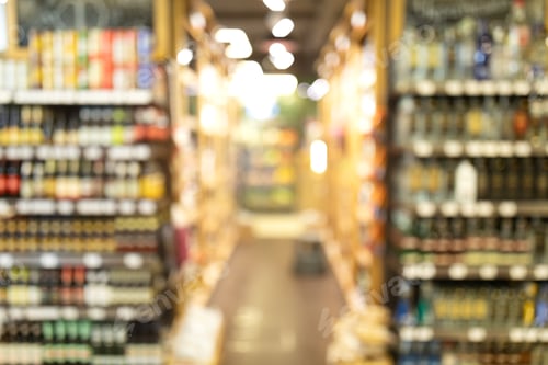 Preview: Shelves With Alcohol Drinks In Supermarket, Abstract Blurred Background