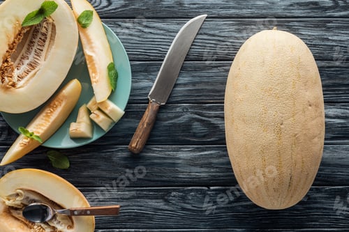 Preview: top view of sweet ripe melons, spoon and knife on wooden surface