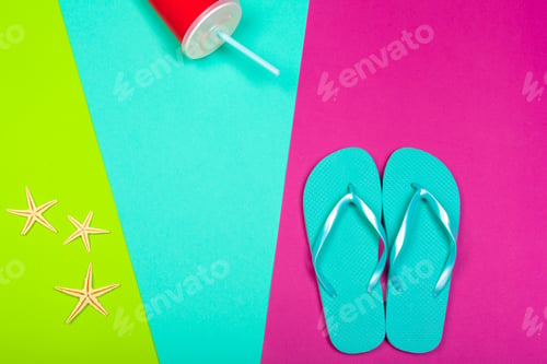 Preview: Colorful summer scene with flip-flops, drink, and starfish on bright background