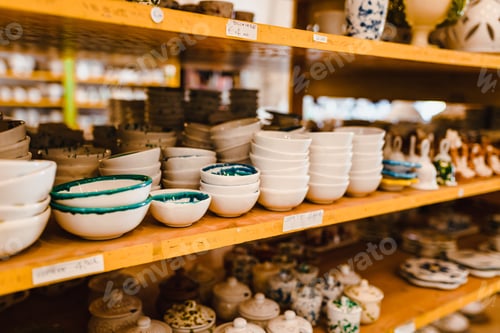 Preview: Series of objects (souvenirs) for sale in a typical ceramic shop in Grottaglie