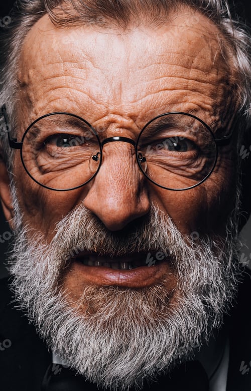Preview: Old man with angry evil horror expression on face, close up on black background