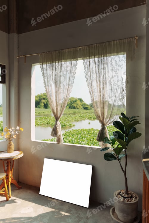 Preview: Interior cozy cornor with curtain, artificial tree and picture frame by the river