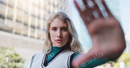 Preview: Selfie, fashion and woman in city, frame hand and outdoor with sunshine, style clothes and gen z. F