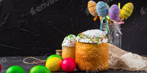 Preview: Easter Cake And Easter Eggs, Traditional Holiday Design (Happy Easter!). Top View. Food Background