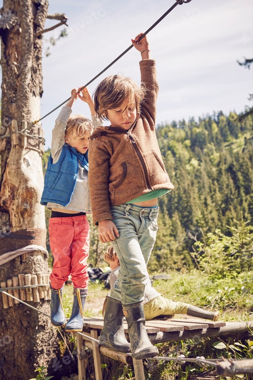 Preview: Two children walking across single rope bridge