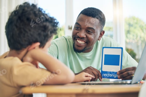 Preview: Education, father or child learning shapes for kindergarten busy with homework or school project at