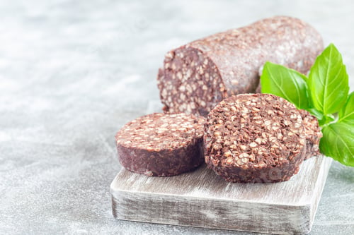 Preview: Irish and British black pudding sausage slices on a wooden board, horizontal, copy space