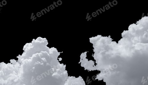 Preview: Pure white cumulus clouds on black background. Cloudscape background. White fluffy clouds on dark