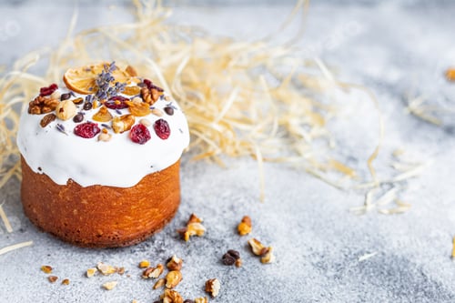 Preview: Easter Cake Panettone And Easter Eggs Festive Table Setting Traditional Treat. Happy Easter Holiday