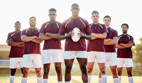 Preview: Rugby, black man with ball and team portrait on field, solidarity and confidence for winning game.