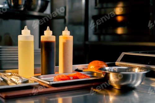 Preview: In the restaurant's kitchen there are gravy boats and all the ingredients for assembling burger