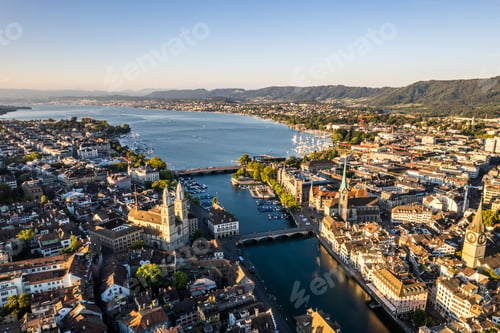 Preview: Aerial drone shot flying above Lake Zurich, Switzerland in sunny day.