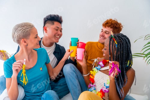 Preview: Lgtb couples of gay boys and girls lesbian in a portrait on a sofa at a house party, at a birthday