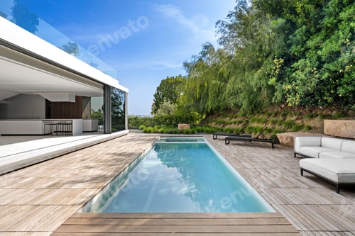 Preview: a very modern outdoor room has wooden flooring and a white sofa