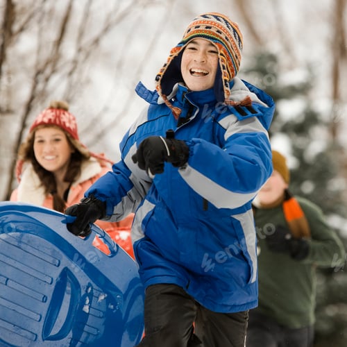 Preview: Winter snow. Three children running, carrying sledges.