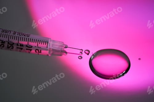 Preview: Injection syringe with a drop of drug on a rich pink background.