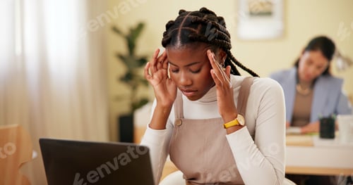 Preview: Business woman, laptop and headache for research, networking and communication with stress in offic