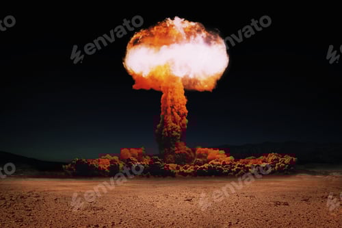 Preview: Terrible explosion of a nuclear bomb with a mushroom in the desert. Hydrogen bomb test. World War
