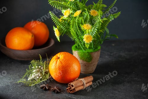 Preview: front view fresh juicy oranges on dark background citrus fruit juice color photo tangerines exotic