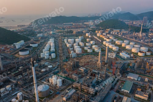 Preview: Aerial view of petrochemical oil refinery and sea in industrial engineering concept in Bangna
