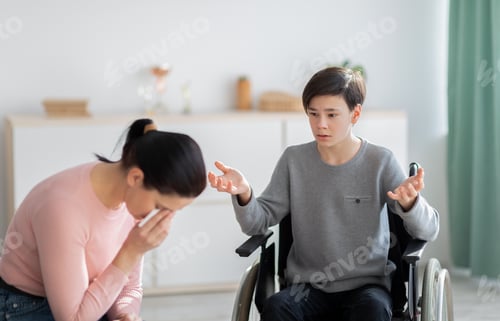 Preview: Unhappy mother crying and her disabled teen son in wheelchair trying to justify himself