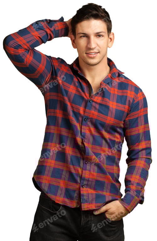 Preview: Smiling Man in Plaid Shirt with Arm Up