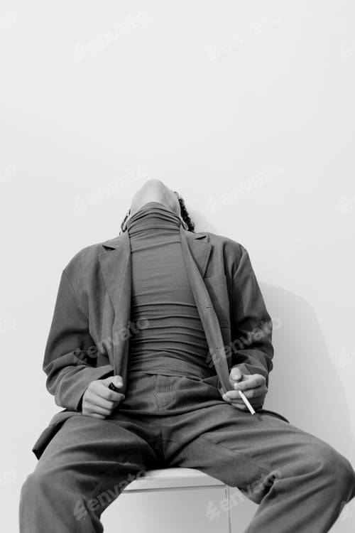 Preview: Man thoughtful and model cigarette portrait fashion hipster sitting smoking black student white