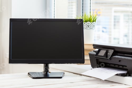 Preview: Printer and computer. Office table