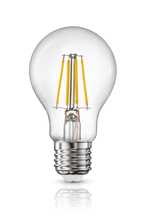 Preview: Standard LED filament light bulb with e27 base isolated on white.