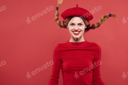 Preview: beautiful woman with pigtails fun Red lips luxury isolated background