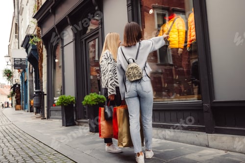 Preview: Back view of two women window shopping on the city streets