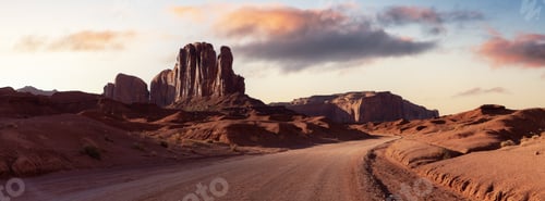 Preview: Desert Rocky Mountain American Landscape. Colorful Sunrise Sky