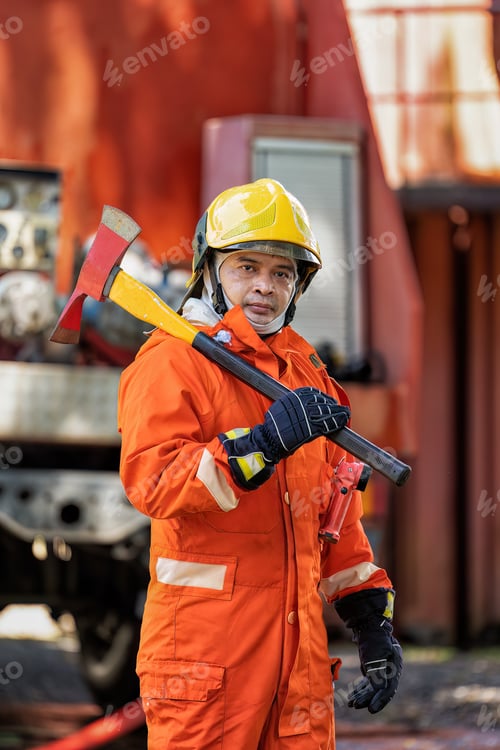 Preview: Fireman wearing fire protection suite and oxygen tank exercise hold axe thumb up stand portrait