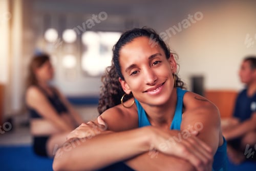 Preview: portrait mid adult latina cheerful sporty woman in gym interior