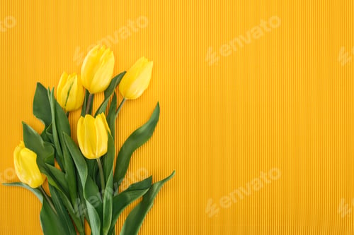 Preview: top view of bouquet with yellow tulips on orange background