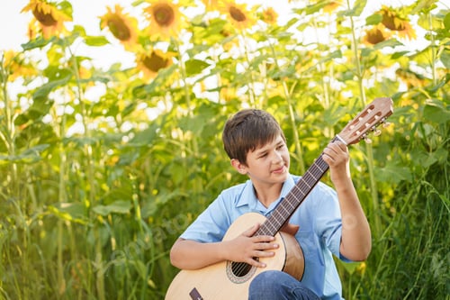 Visualização: Garotinho toca violão no campo de verão.