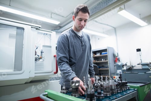 Preview: Young male technician choosing drill bit in workshop