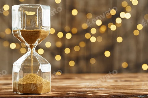 Preview: Hourglass on wooden desk against blurred lights