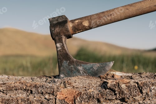 Preview: Close up ax in a log on the mountain