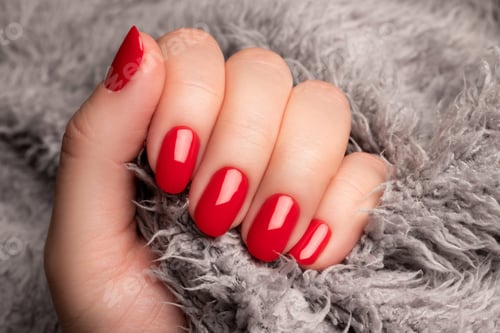 Preview: Hand with red nails on gray fluffy fabric