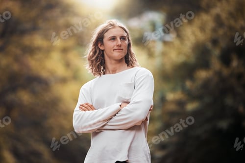 Preview: Man, arms crossed or thinking of nature environment sustainability, climate change goal or environm