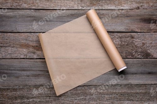 Preview: Roll of baking paper on wooden table, top view