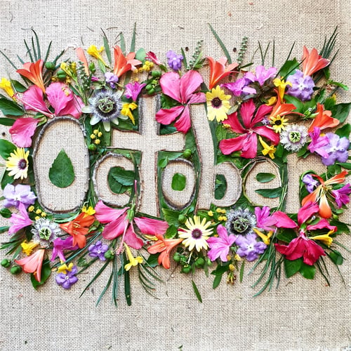 Preview: creative text made with colourful flowers and plants,October