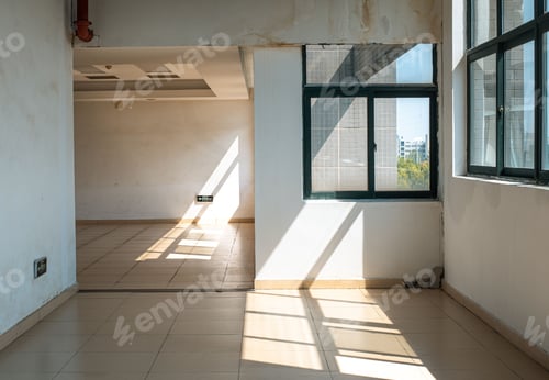 Preview: Empty room with large windows and pristine white walls