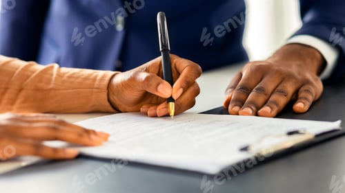 Preview: Contract Signing. Female Customer Sign Papers In Dealership Office, Closeup Shot