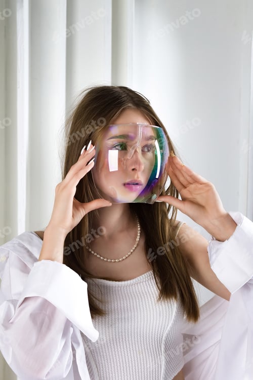 Preview: Perfect Young Girl Showcases Large Clear Protective Eyewear Indoors