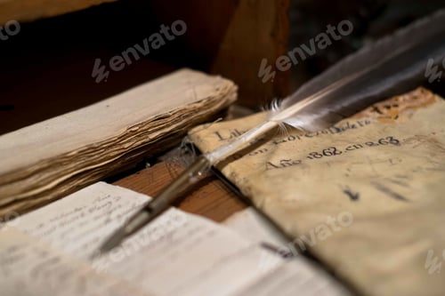 Preview: Closeup shot of a feather pen and old books