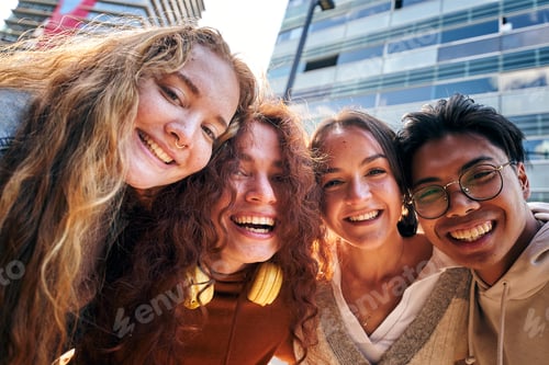 Preview: Group of friends taking selfie picture smiling looking at camera. Laughing young people