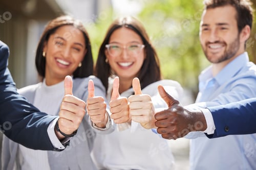 Preview: Hoping for rainbows ahead. Portrait of a group of young businesspeople showing a thumbs up outside.