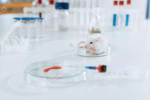 Preview: selective focus of white mouse near syringe, petri dish with blood sample and containers with